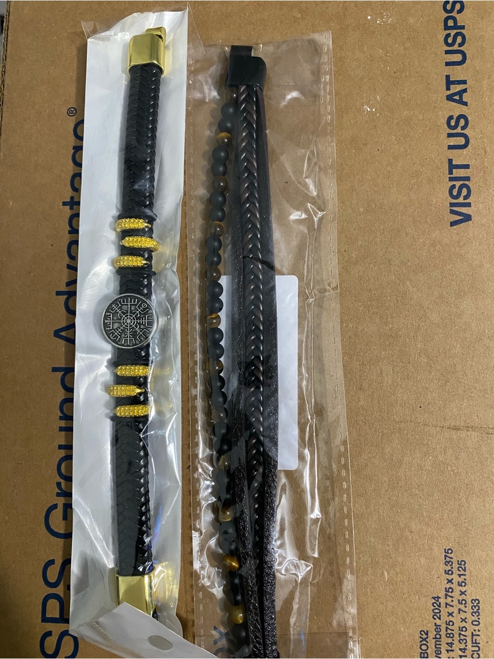 Black Braided Leather Bracelet Set with Yellow Accents